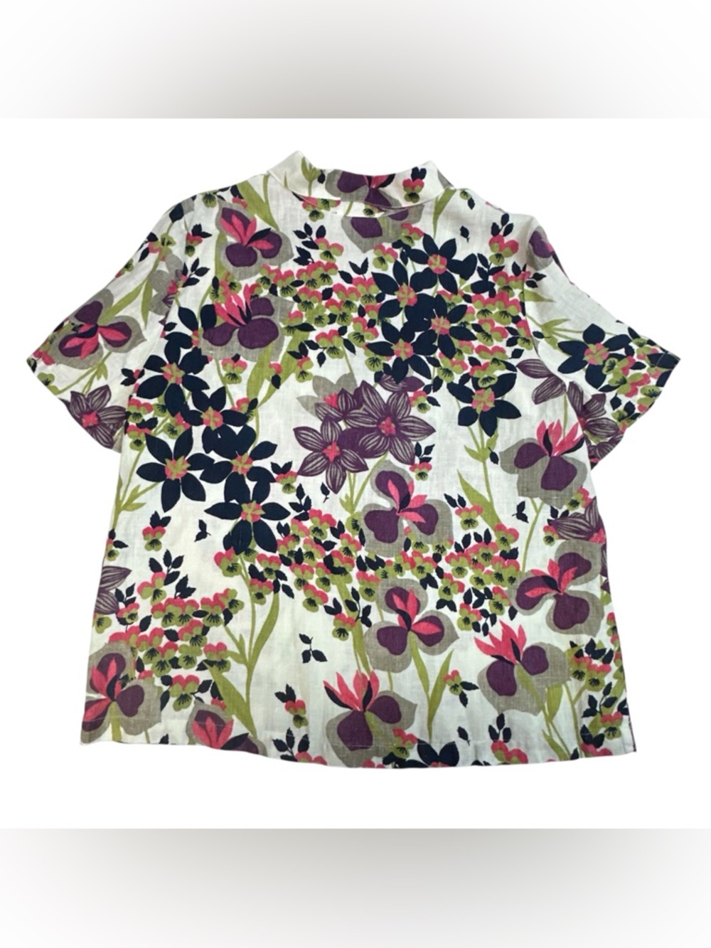 Hot Cotton 100% Linen Ivory Floral Print Button Down Top XL - Picture 3 of 8
